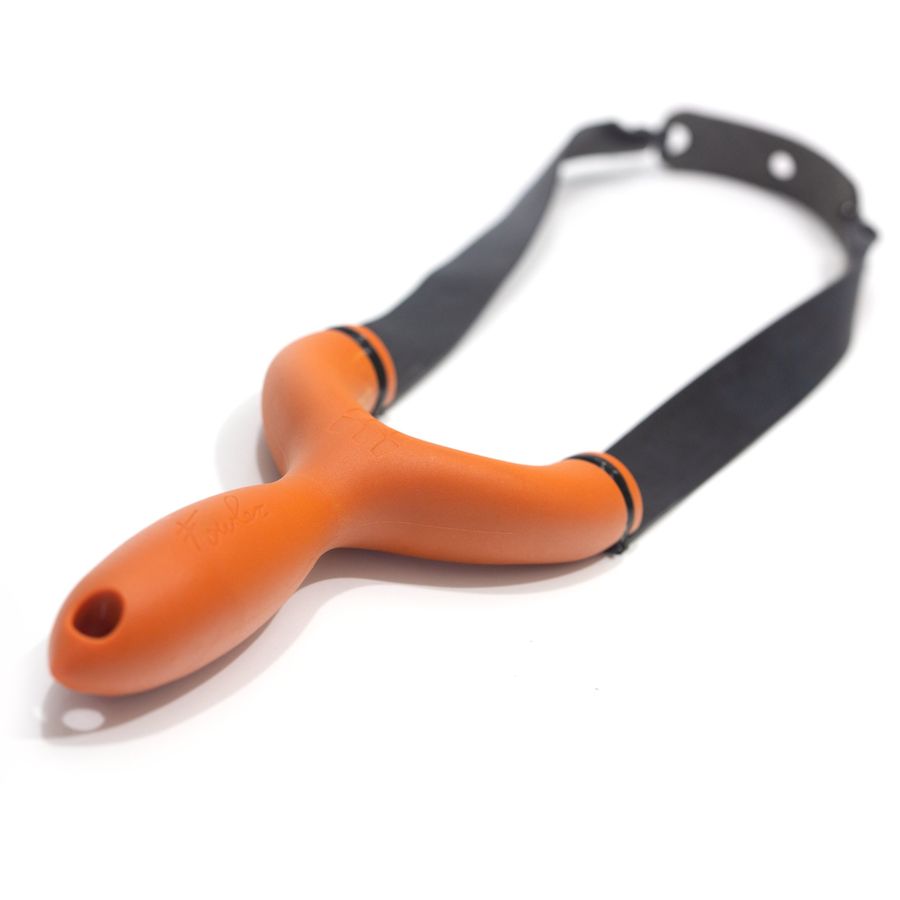 Orange molded Sparrow slingshot on a white background